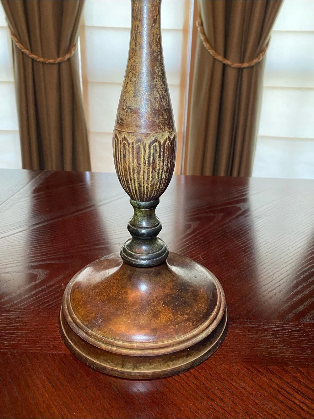 Decorative 20.5 inch painted metal candlestick with lWood-Tone and patina finish